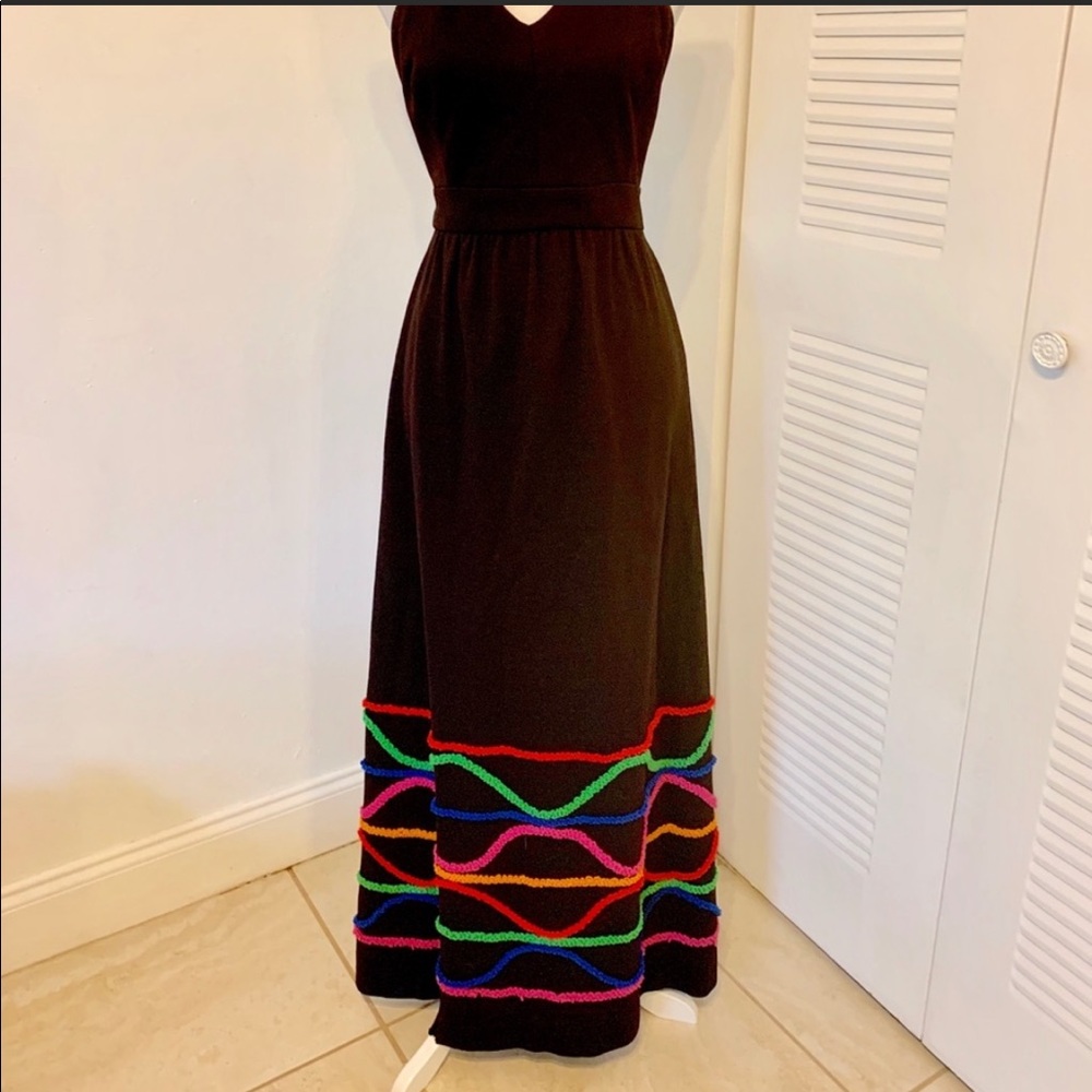 Vintage 70s Halter Neck Black Maxi Dress with Multicolored Striped Ruffled Trim - Picture 6 of 9